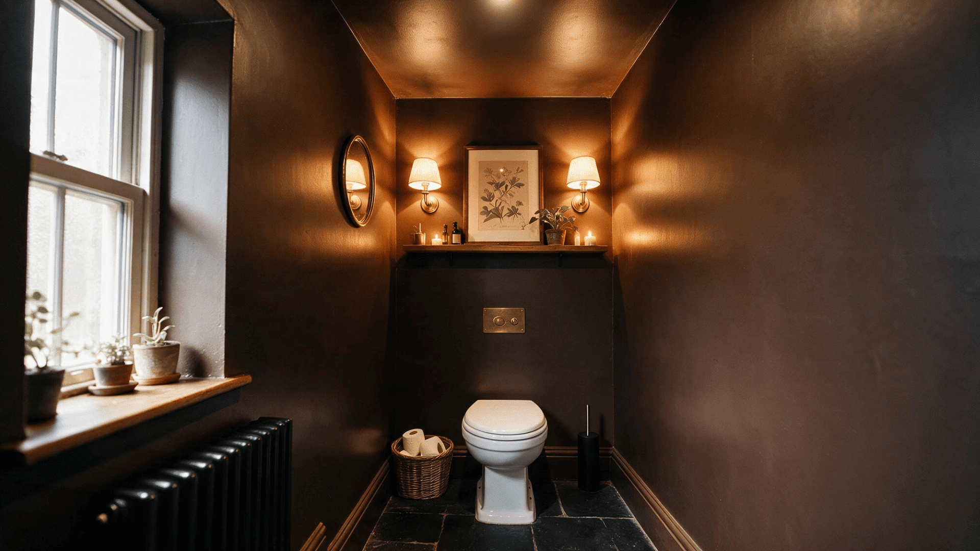 small half bathroom with deep moody wall color, wall-mounted toilet, and warm wood accents