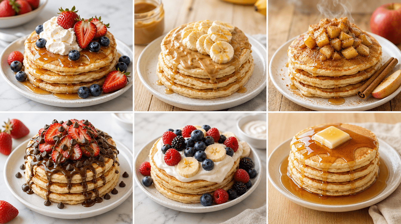 six pancake topping ideas: berries and cream, peanut butter banana, apple cinnamon, chocolate strawberry, yogurt and fruit, and butter with maple syrup.