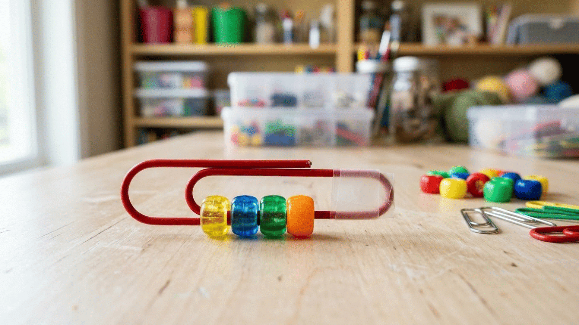 paper clip bead slider holding four colorful pony beads on a light wood table beside extra clips and beads set