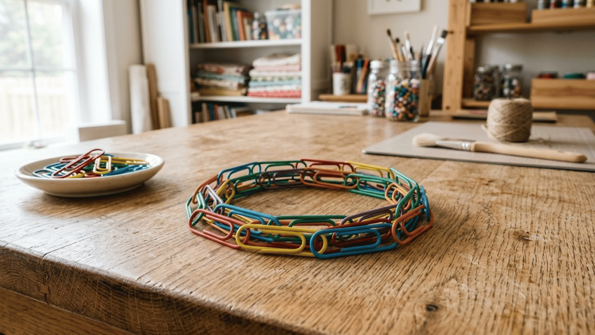 colorful paper clip fidget chain resting in a loose coil on a light wood table beside spare coated clips tools