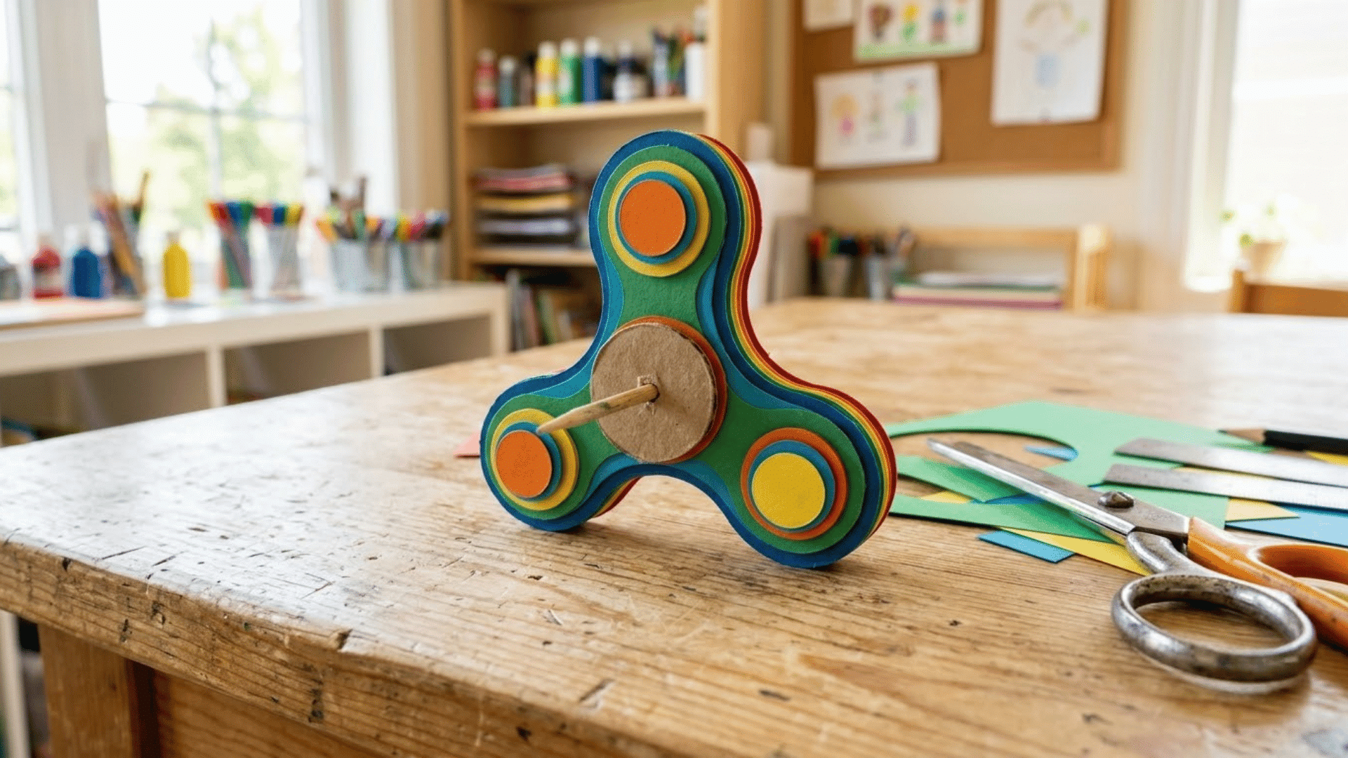paper fidget spinner made from layered colored cardstock resting on a light wood craft table with scissors set
