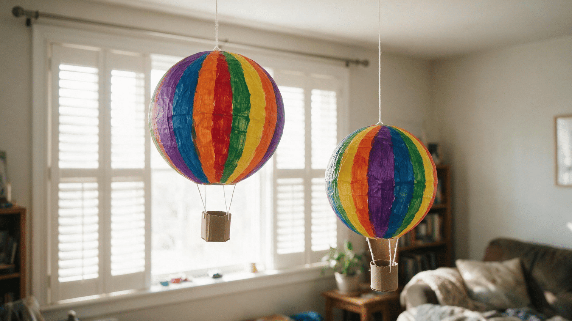 two colorful paper mache hot air balloons hanging in a bright living room
