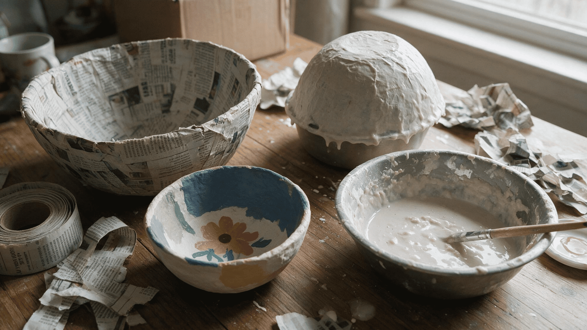 paper mache craft materials with newspaper strip bowls and paste on a wooden table