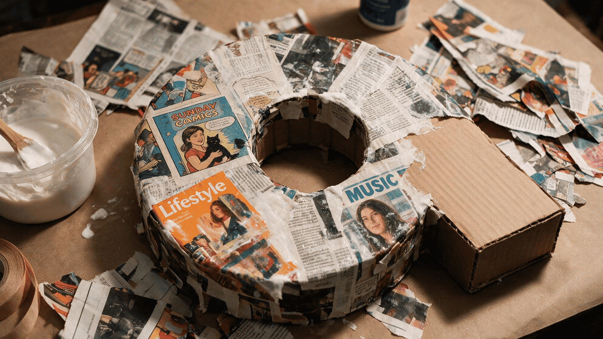 unfinished paper mache letters craft covered with newspaper strips and glue