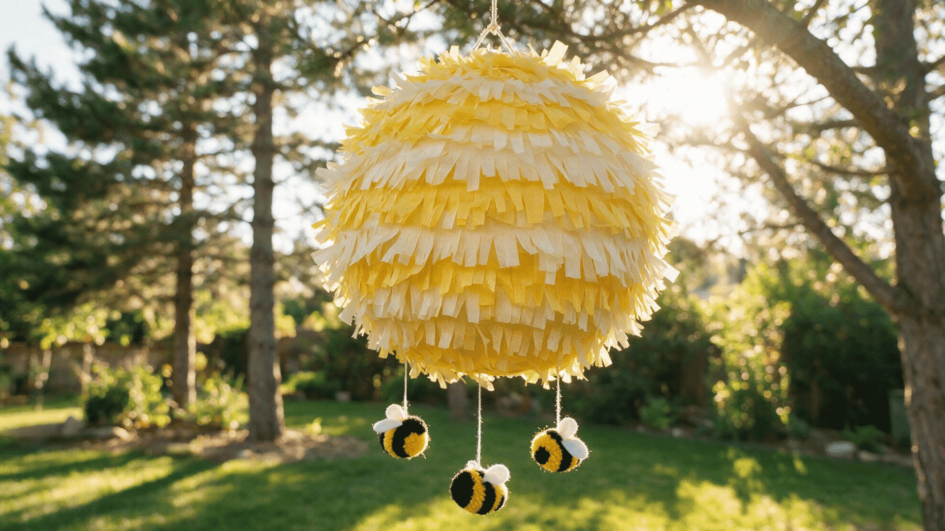 yellow paper mache hanging pinata with bee decorations outdoors