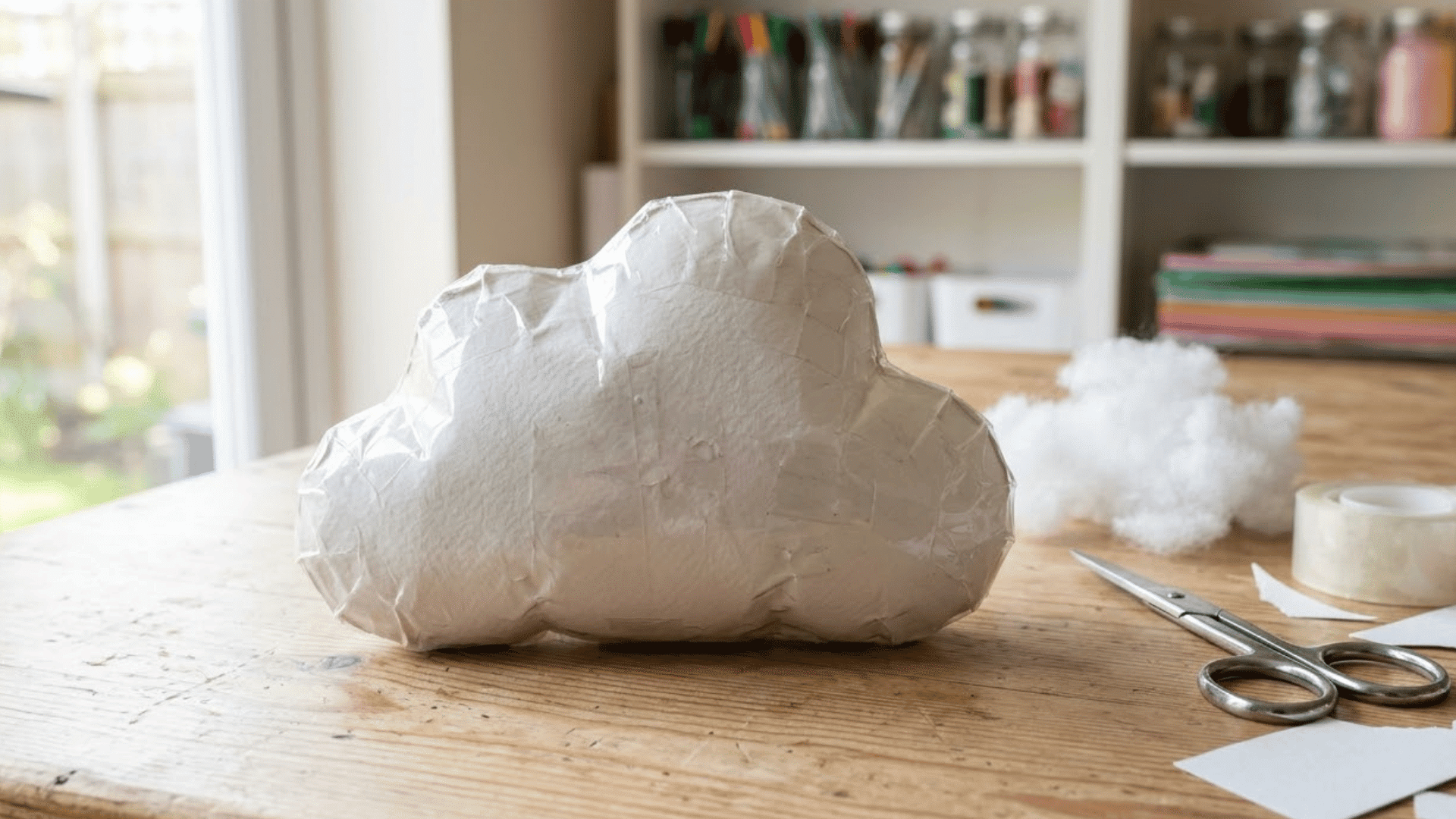 handmade paper squishy toy resting on a light wood table beside soft filling clear tape and paper scraps tools