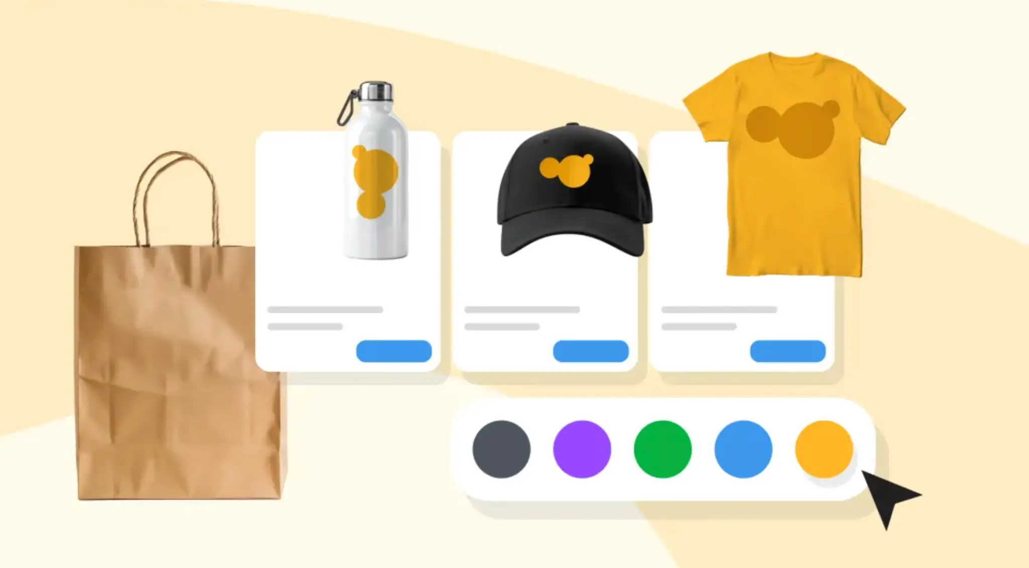 Reusable water bottle, cap, and t-shirt with matching logos beside a paper bag and color palette