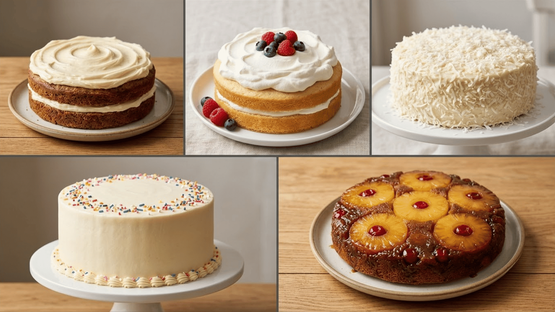 collage of pineapple cakes with cream cheese berry coconut sprinkle and upside down pineapple toppings