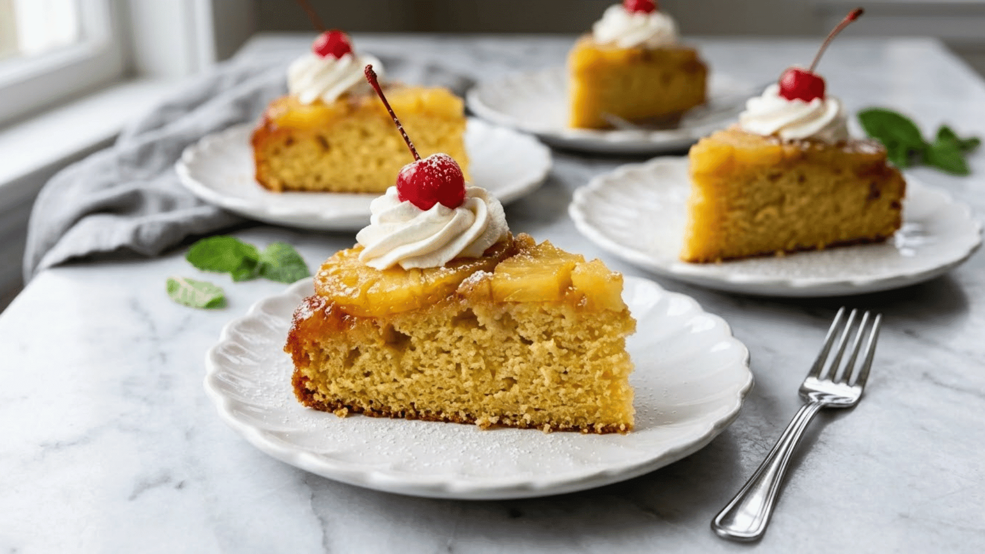 pineapple cake slices topped with whipped cream and red cherries served on white plates beside one silver fork