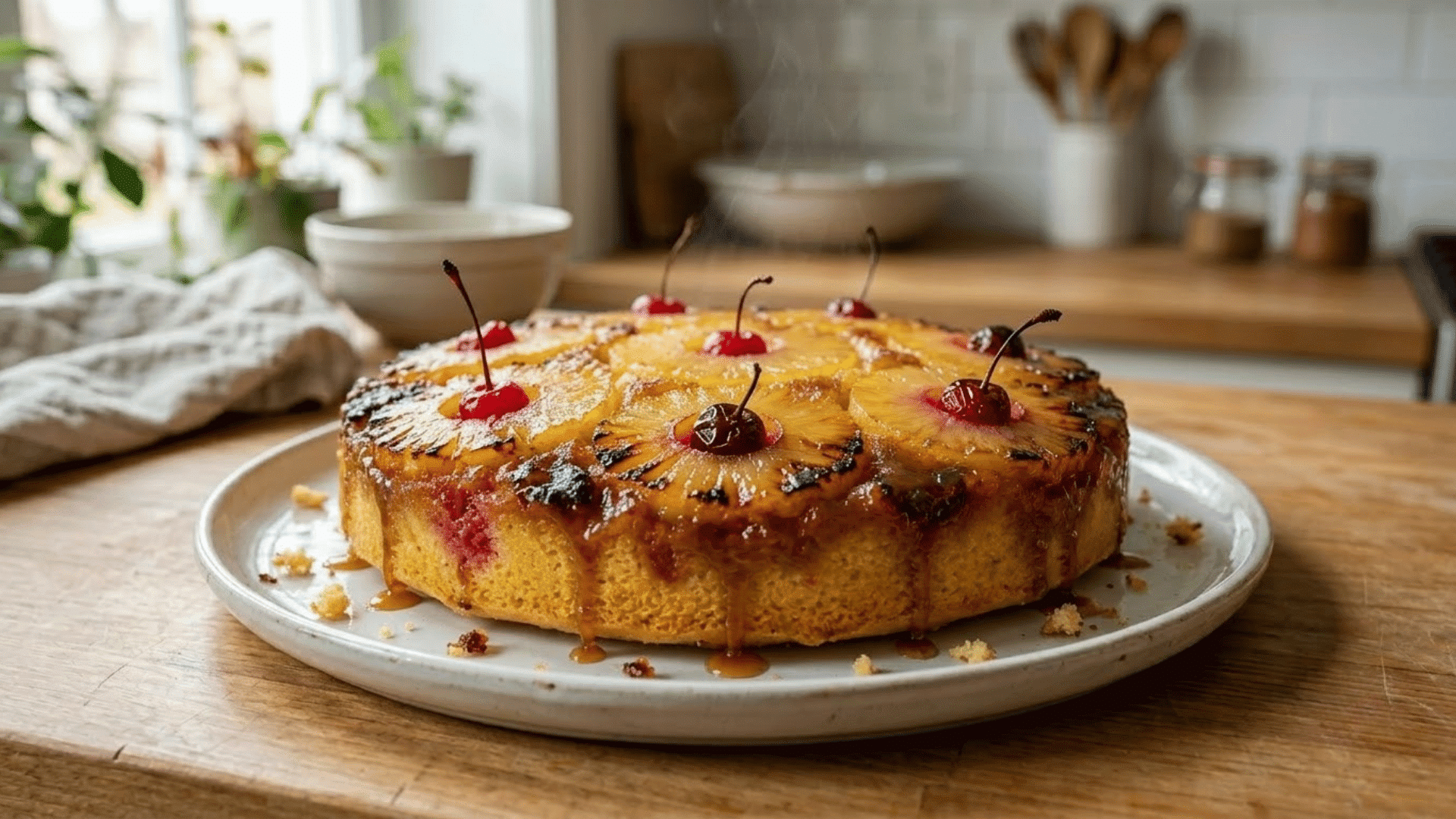 pineapple upside down cake topped with caramelized rings and red cherries on a plate in a bright kitchen today