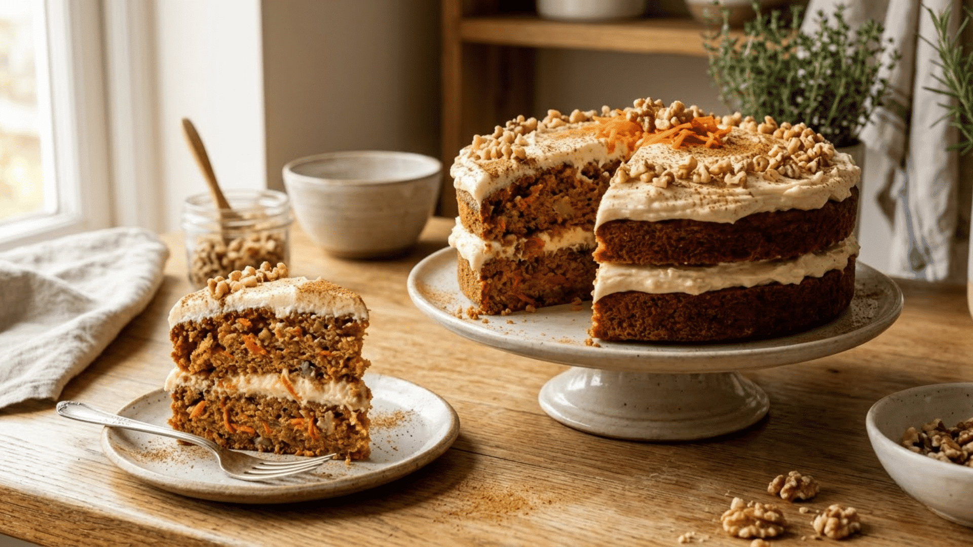 pineapple carrot layer cake with cream cheese frosting chopped walnuts and a slice served on a small plate too