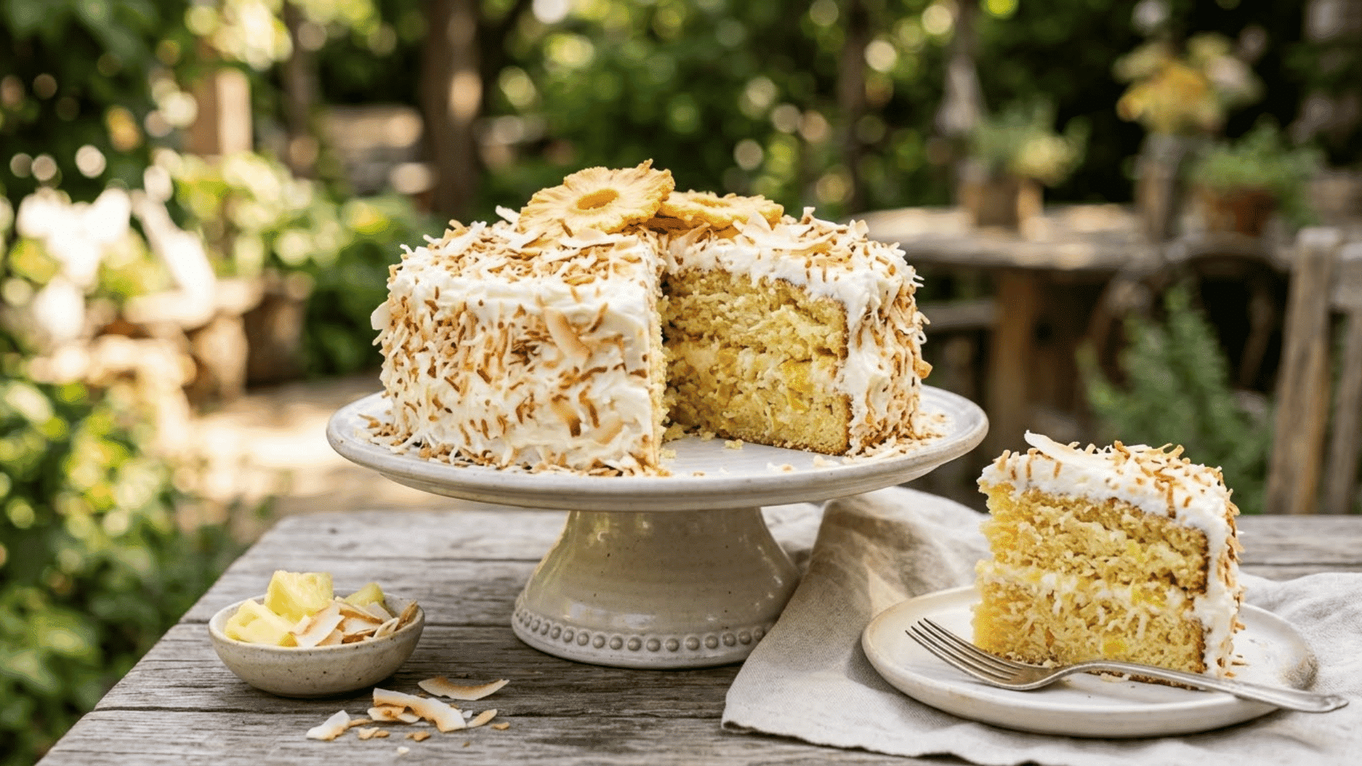 pineapple coconut layer cake covered in white frosting and toasted coconut with one slice served in the garden