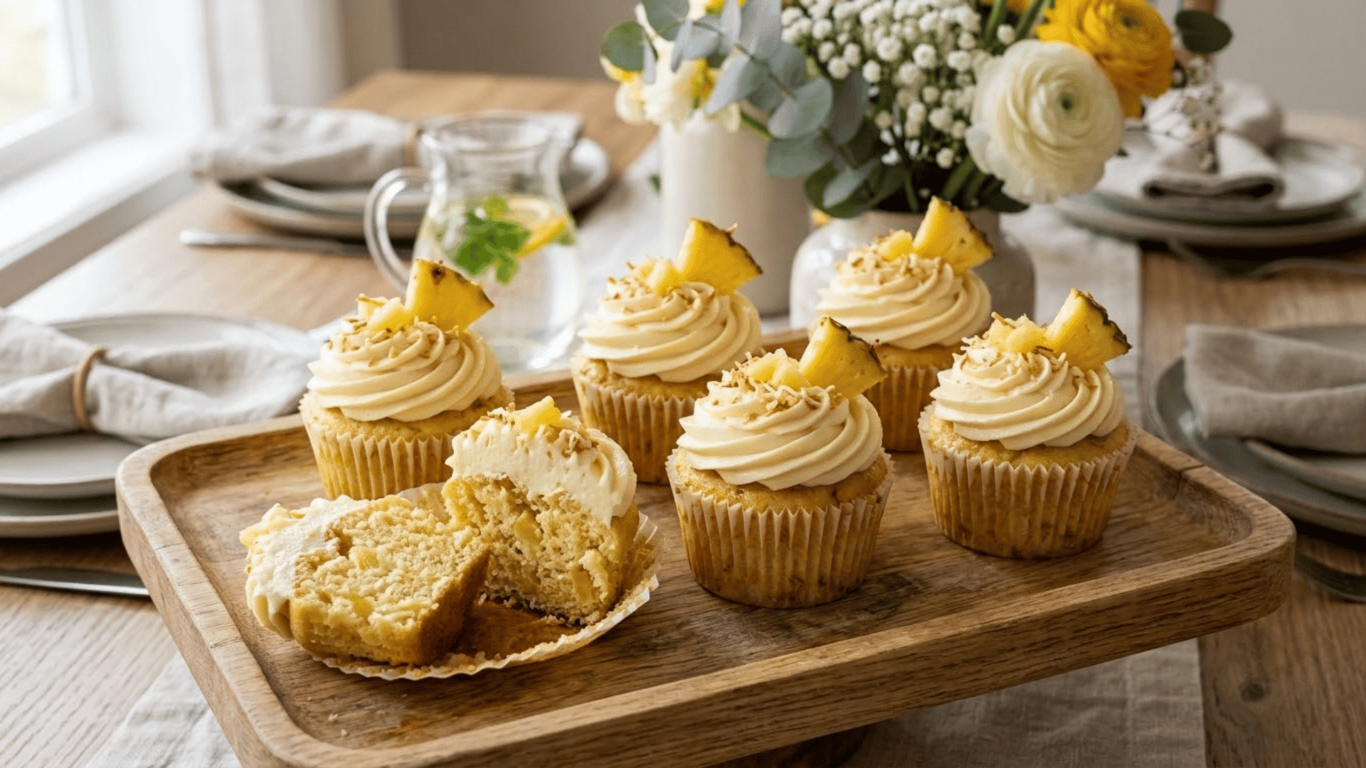 pineapple cupcakes topped with piped frosting coconut and fruit pieces arranged on a wooden serving tray today