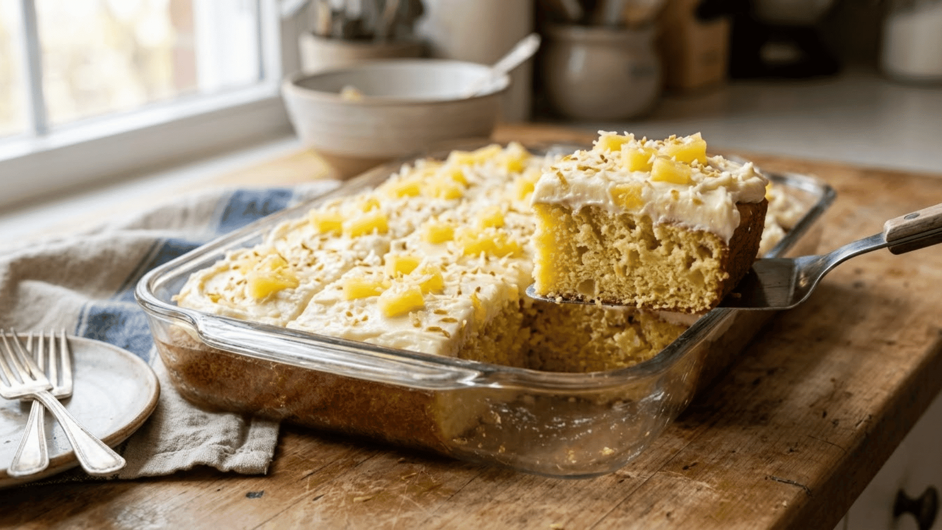 moist pineapple sheet cake with creamy frosting and pineapple pieces served from a glass baking dish