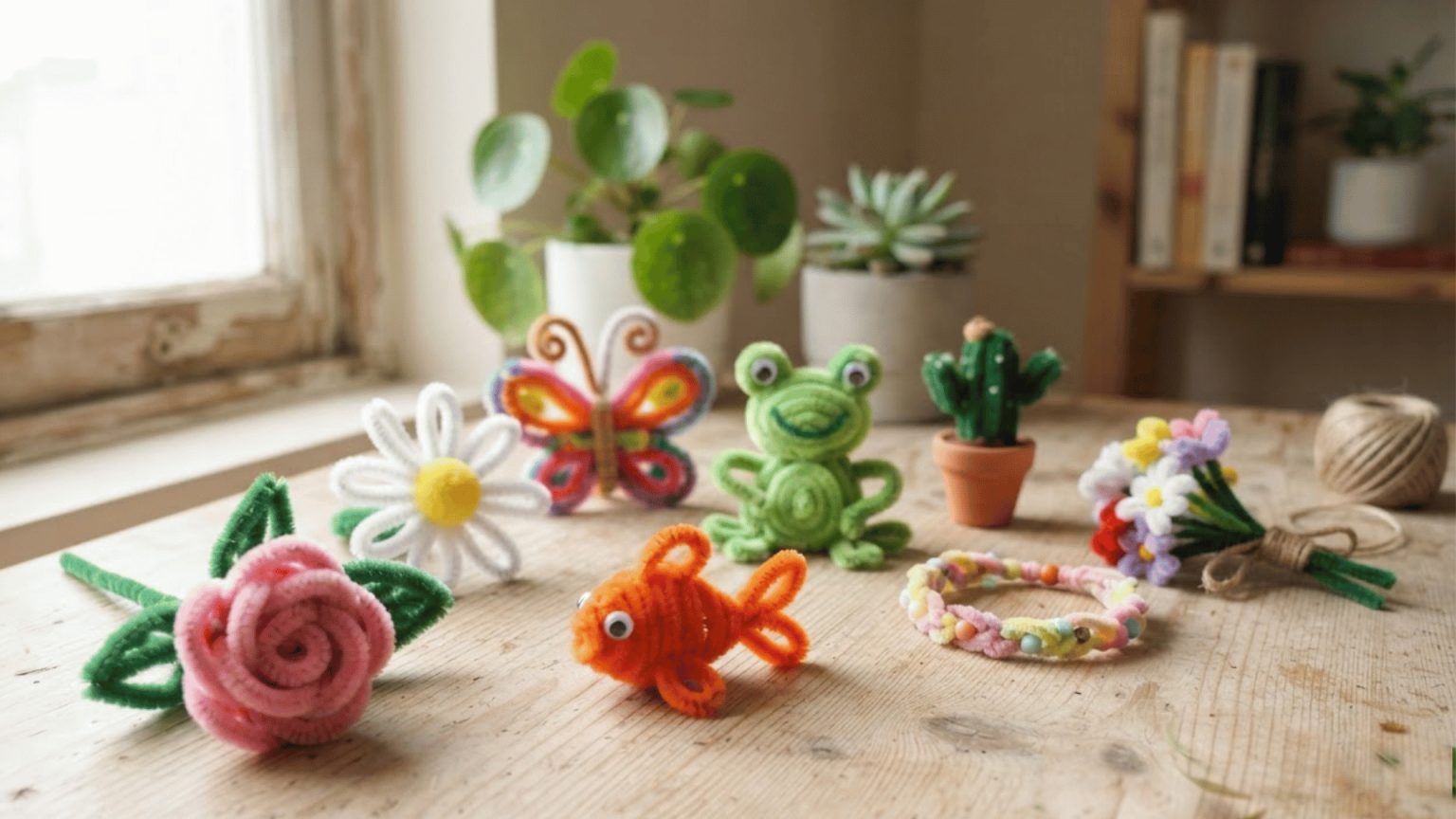 colorful pipe cleaner crafts including flowers animals rainbow and mini cactus arranged on a sunlit wooden table