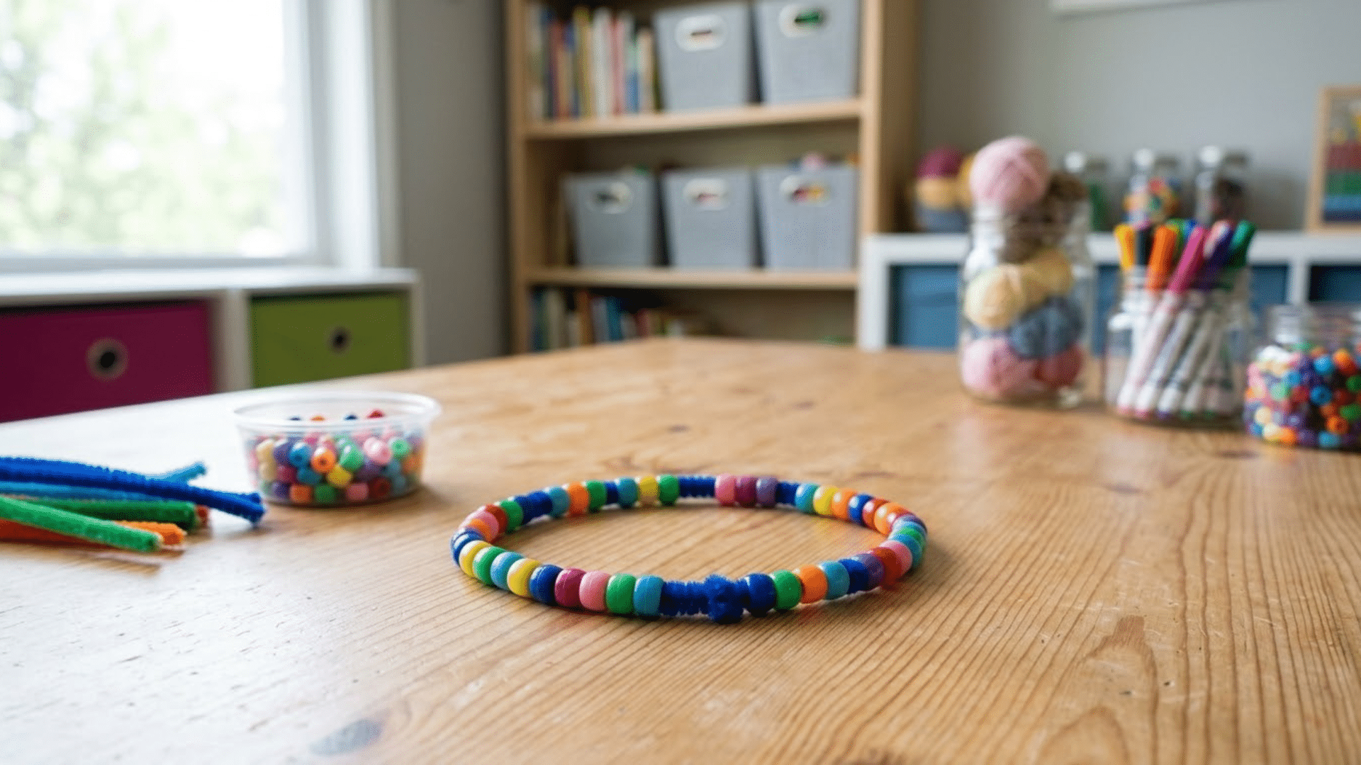 pipe cleaner bead loop with colorful pony beads resting on a light wood craft table beside spare supplies here