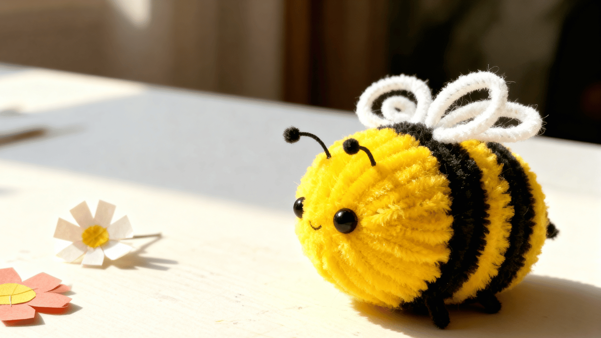 yellow and black pipe cleaner bumblebee with white looped wings and small eyes resting on a sunlit white table