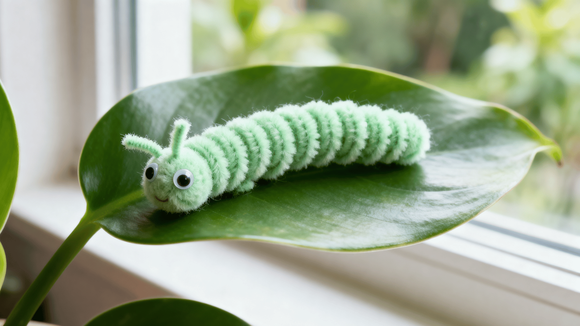 light green pipe cleaner caterpillar with coiled body antennae and googly eyes resting on a glossy plant leaf indoors