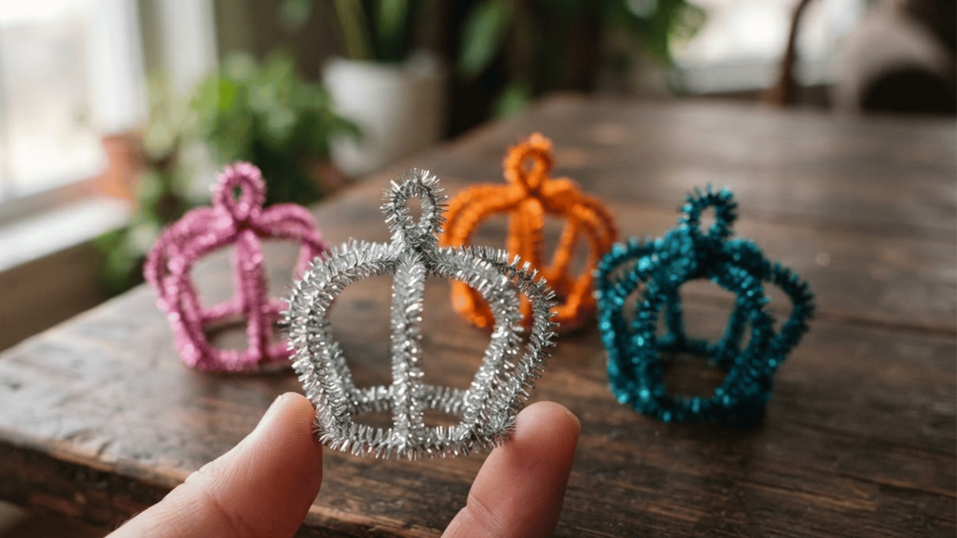 metallic pipe cleaner crowns in silver pink orange and blue arranged on a wooden table with one crown in the foreground