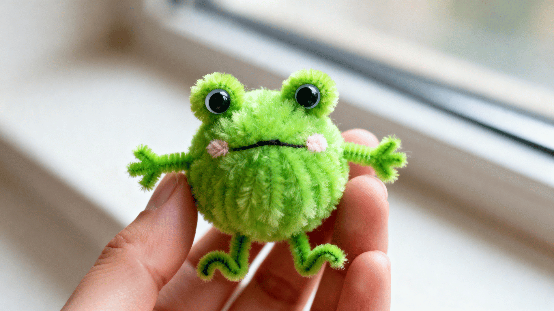 bright green pipe cleaner frog with raised eyes rounded body small arms and curled feet held gently in one hand