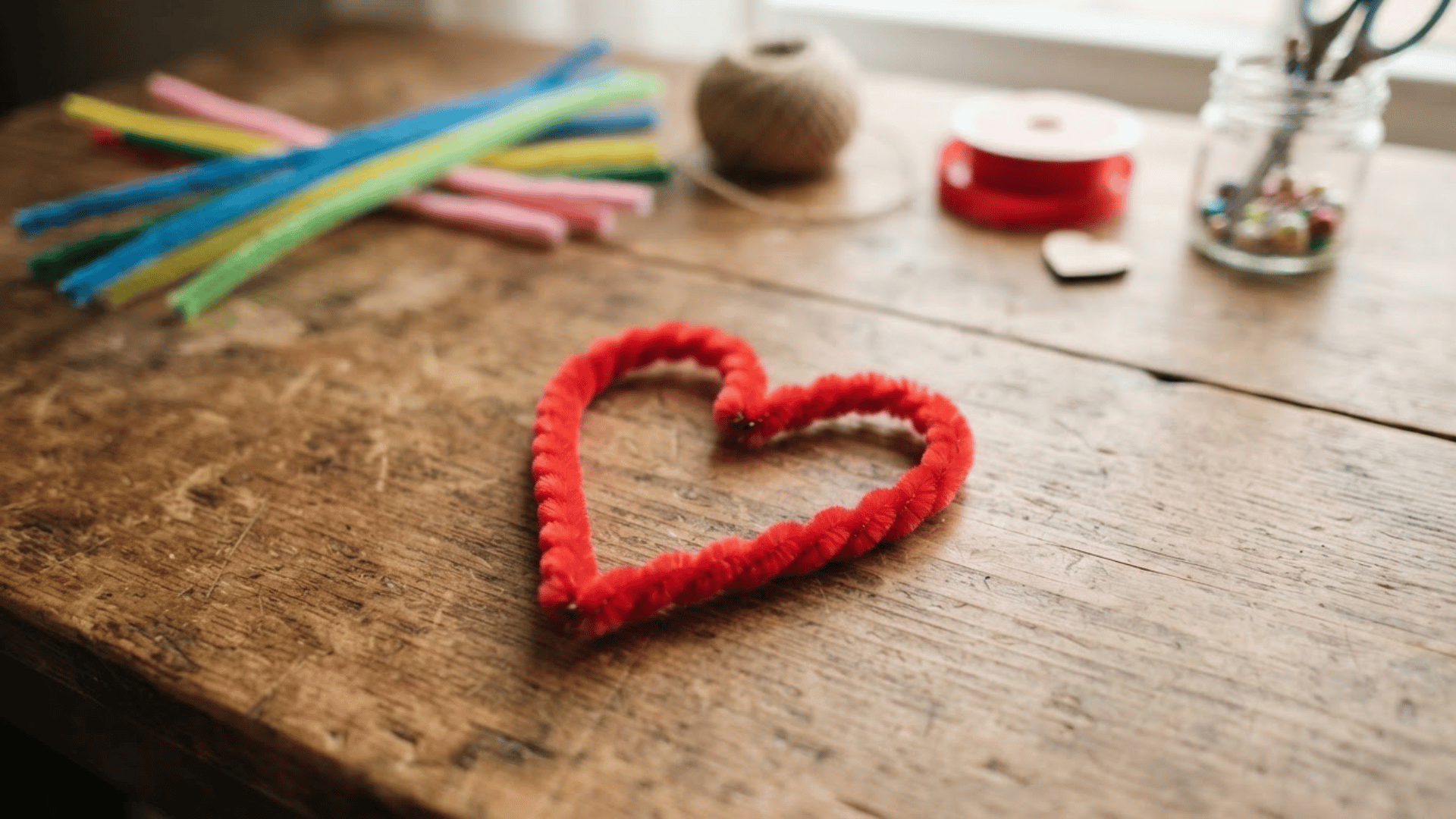 red pipe cleaner heart with a simple rounded shape resting on a rustic wooden craft table beside colorful stems