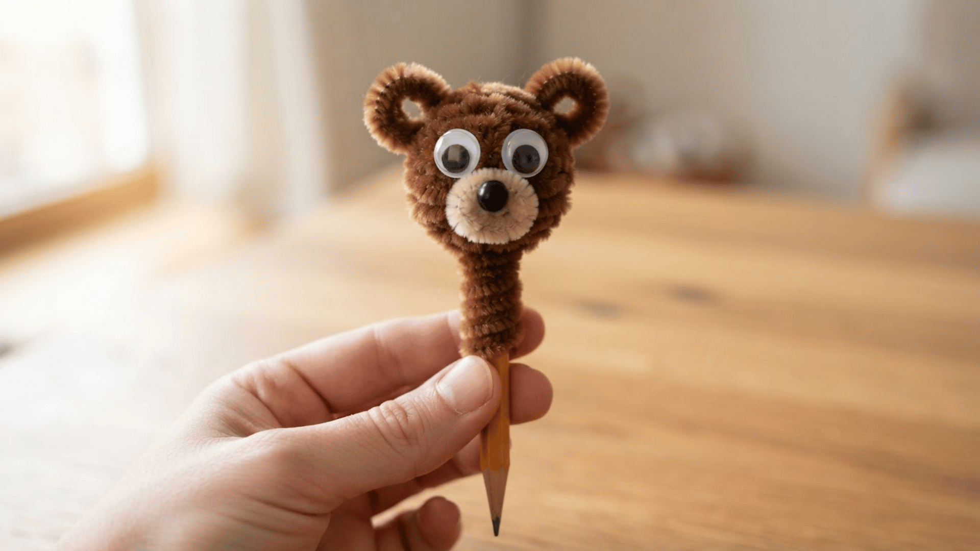 brown pipe cleaner bear pencil topper with googly eyes beige muzzle and rounded ears held above a wooden table indoors