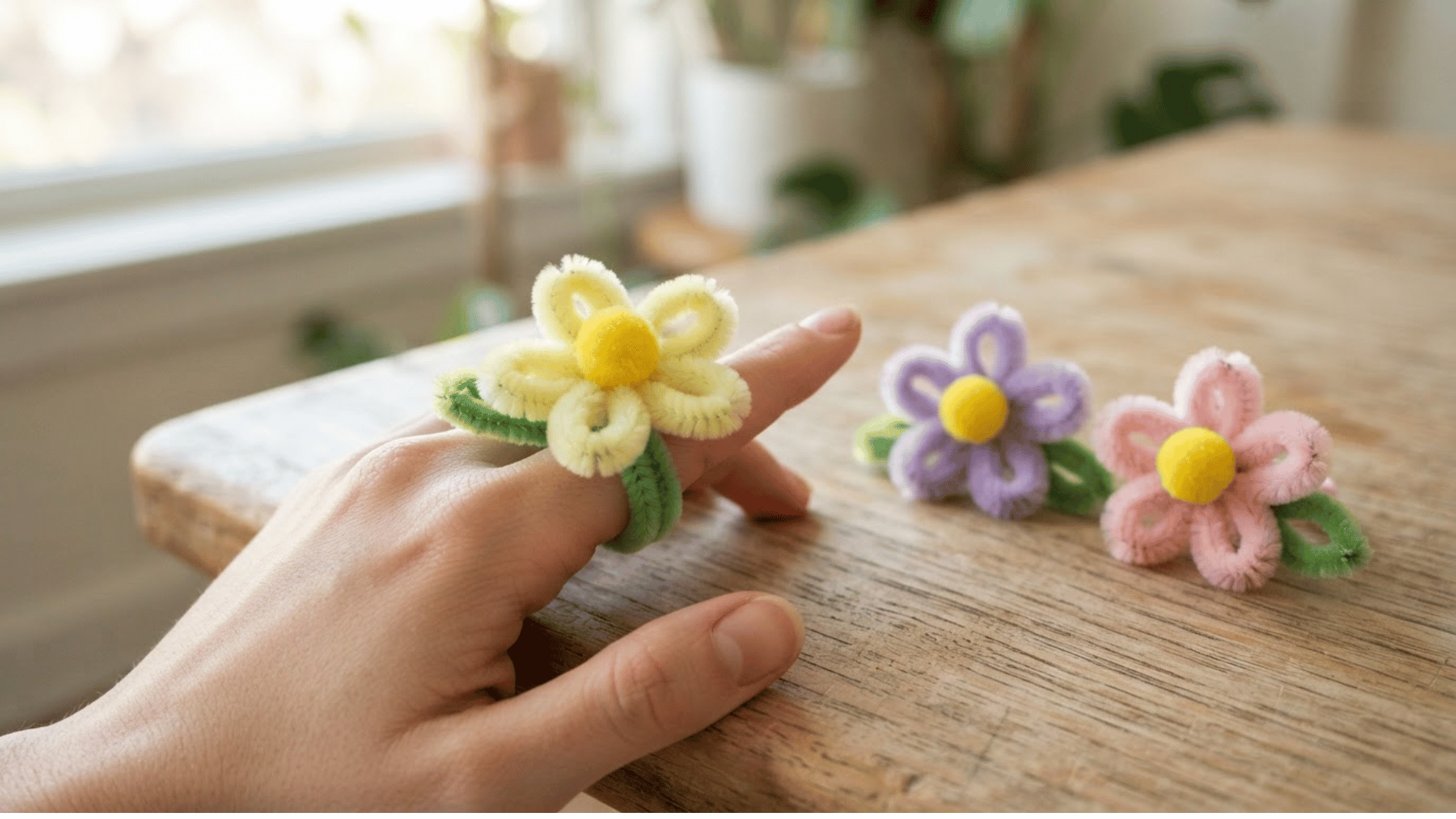 pipe cleaner flower rings in yellow purple and pink with green leaves displayed on a hand and wooden table indoors