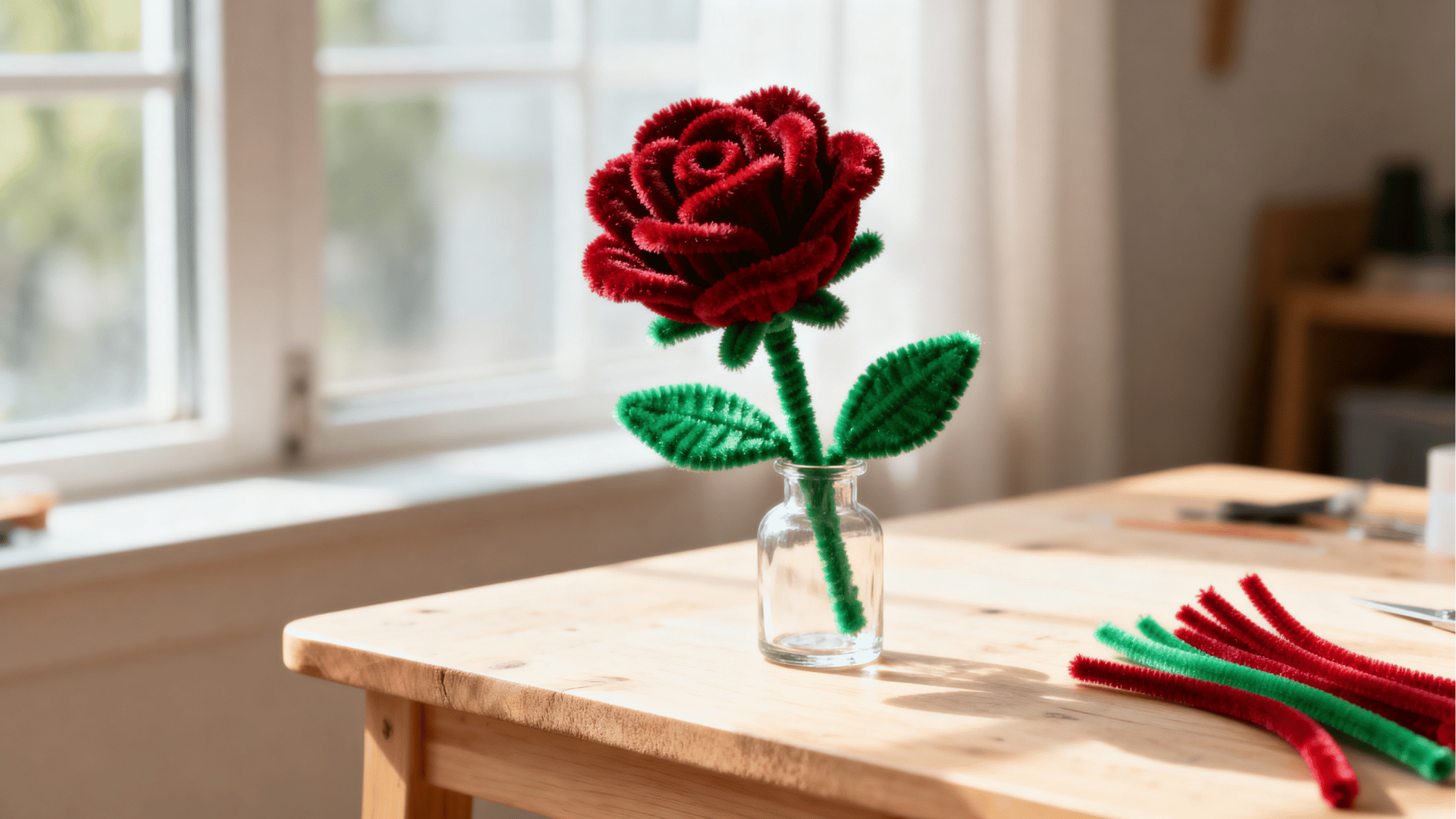 red pipe cleaner rose with green stem and leaves displayed in a small glass vase on a sunlit wooden table near a window