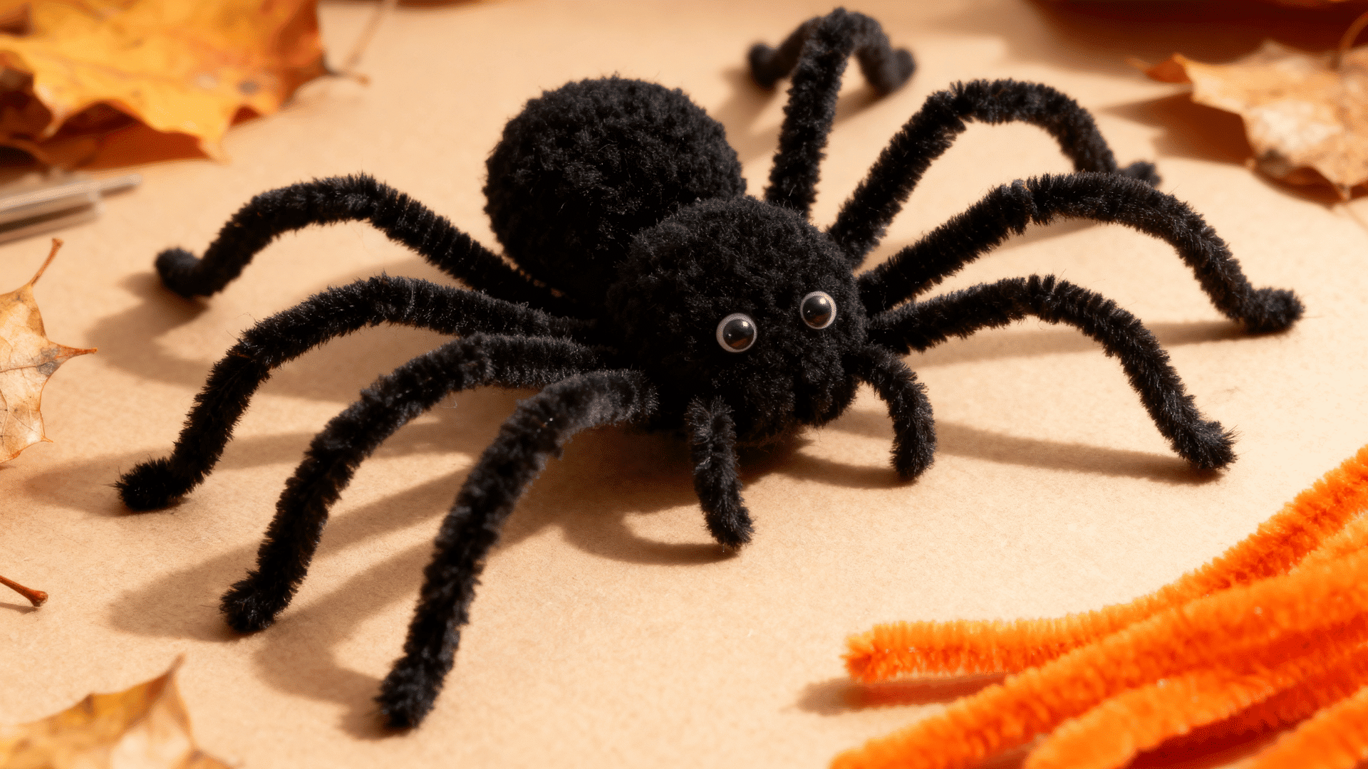 black pipe cleaner spider with eight bent legs and small eyes displayed on a light craft surface near orange stems