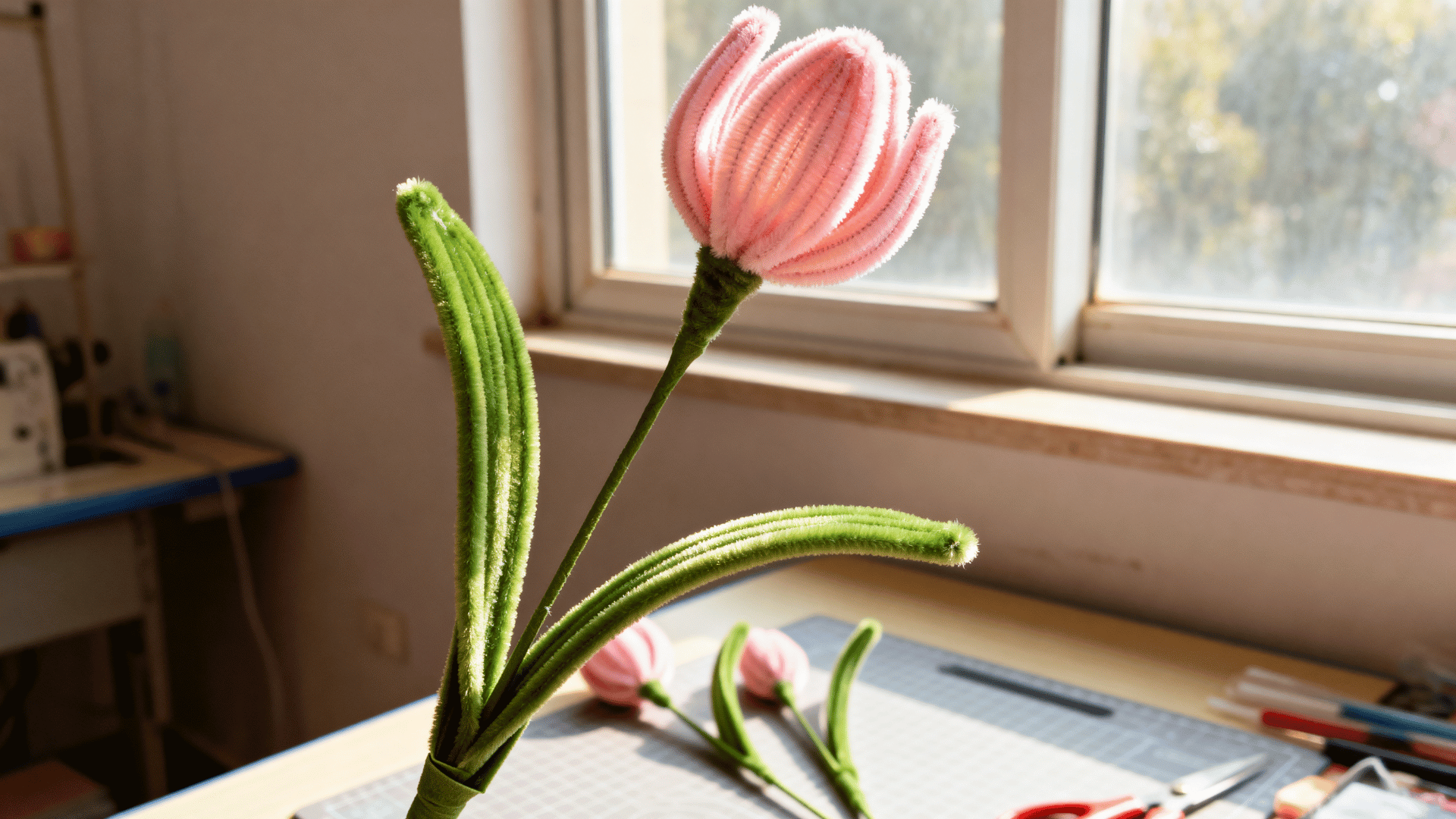 pink pipe cleaner tulip with green stem and long leaves displayed near a bright window in a craft workspace on a table