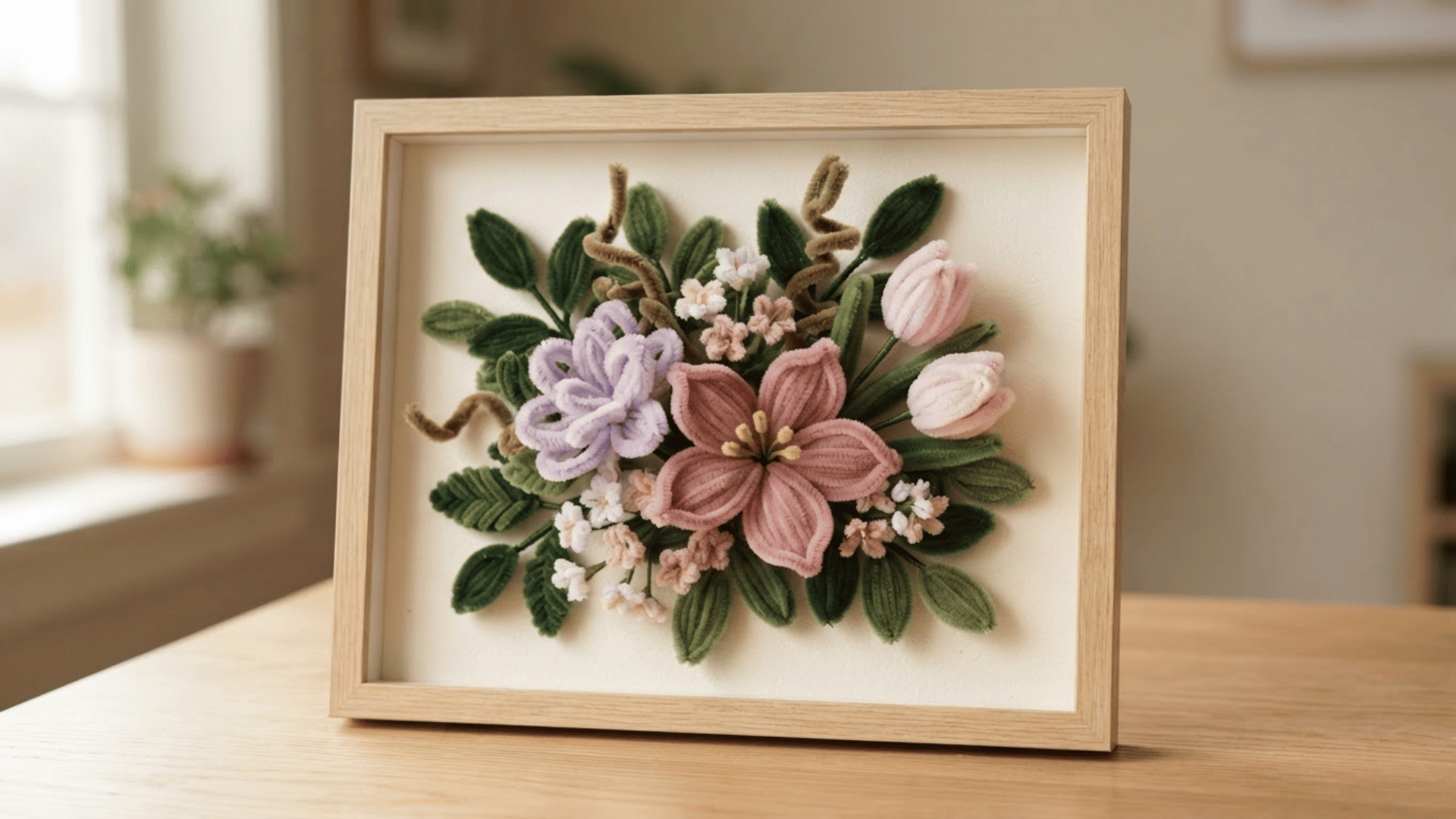 framed pipe cleaner floral art with pink and lavender flowers green leaves and small blossoms on a cream background