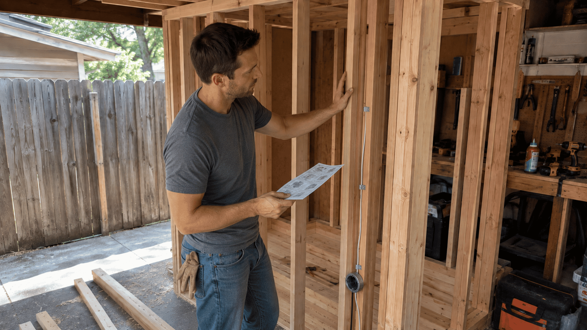 man reviewing instructions near wall wiring and vent opening in a framed sauna