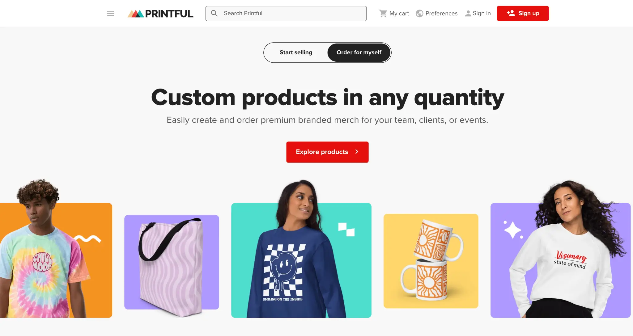 Man in tie-dye shirt, woman with curly hair in white sweatshirt, colorful custom products displayed