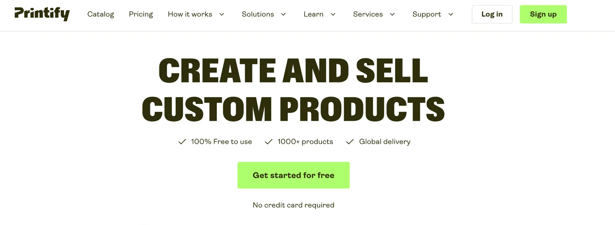 Website homepage with text promoting custom product creation and green call-to-action buttons