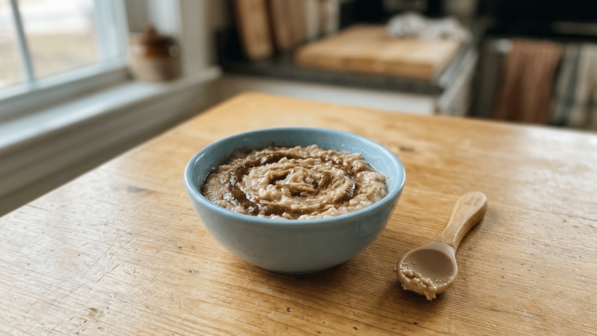 soft oatmeal mixed with smooth prune puree in a small toddler bowl