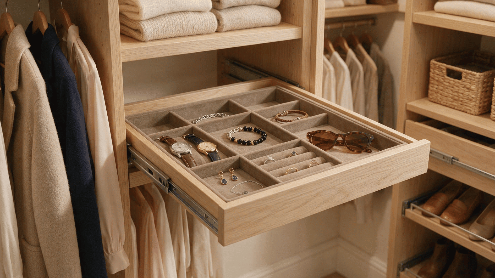 small walk-in closet with a pull-out accessory tray for jewelry, watches, and sunglasses