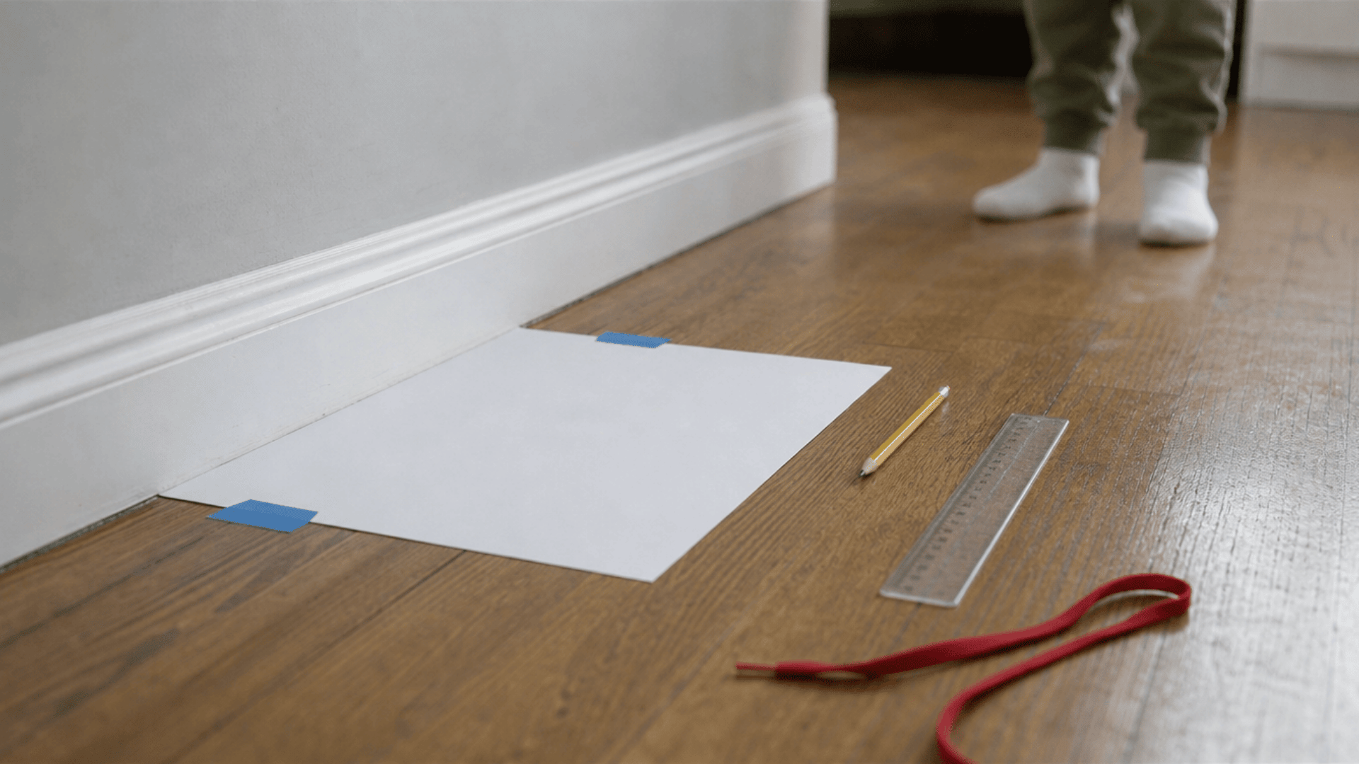 sheet of paper taped to a hardwood floor with a pencil and centimeter ruler ready to measure a toddler's foot