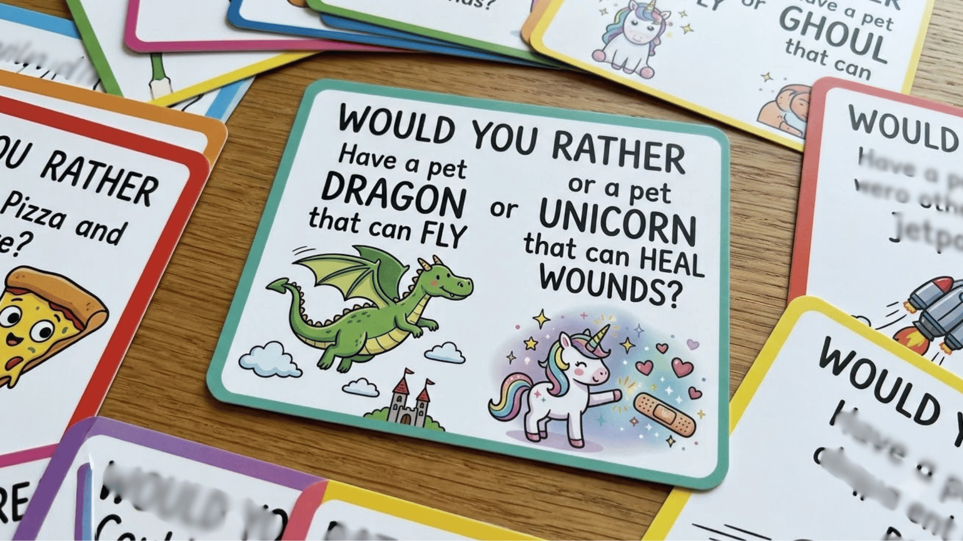 would you rather questions flashcards kept on the table for age group 9-12