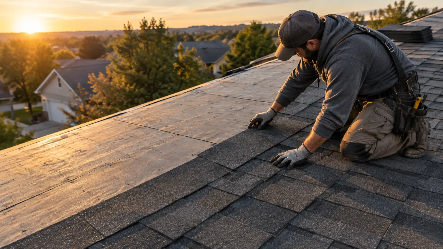 Worker installing asphalt roof shingles on house roof at sunset
