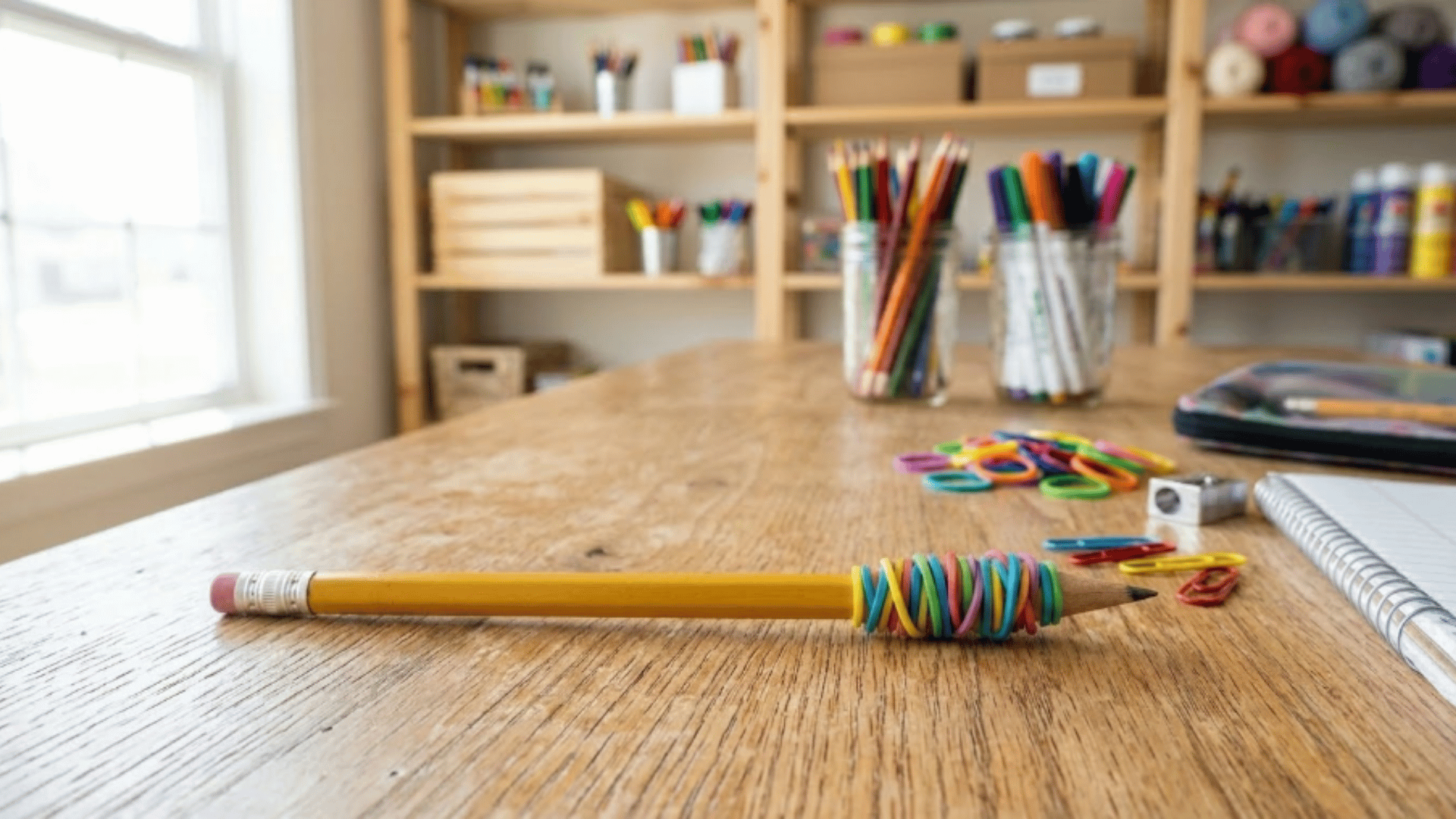 wooden pencil with colorful rubber bands wrapped near the top resting on a light wood table with supplies here