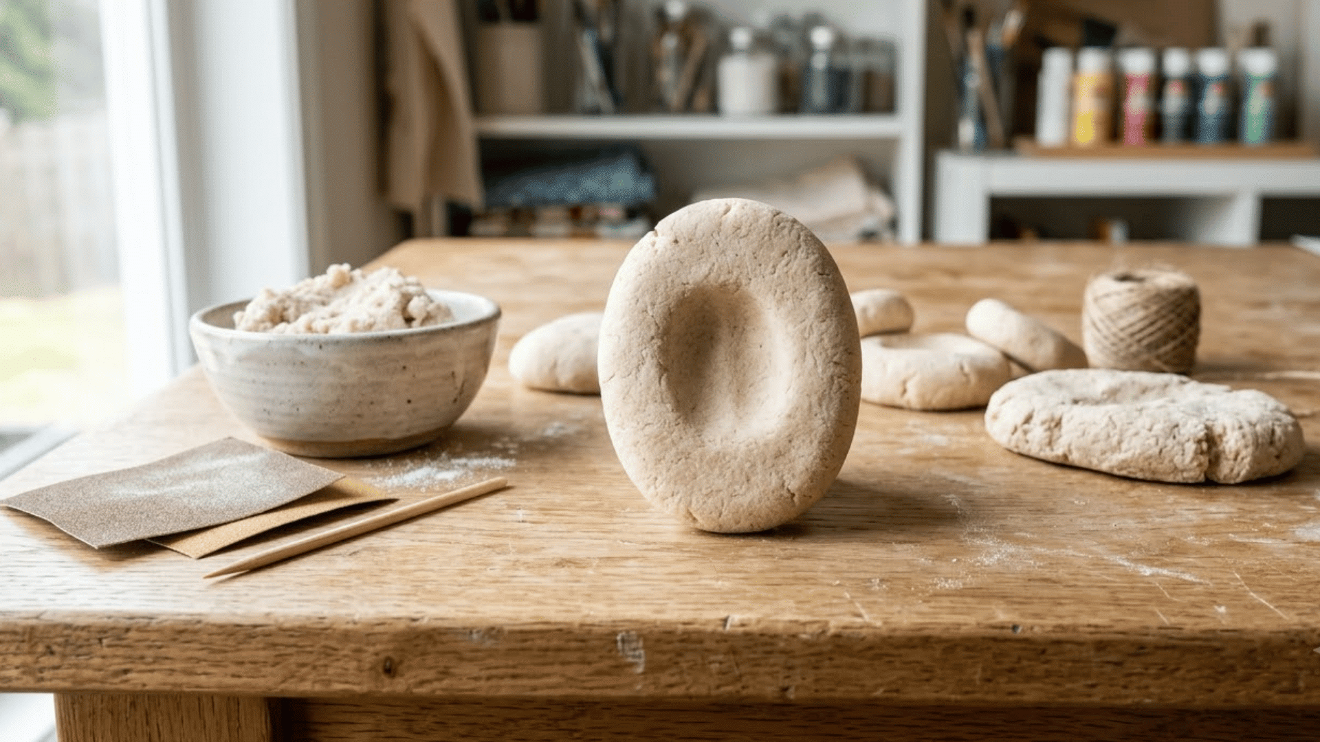salt dough worry stone with a thumb groove resting on a light wood table beside dough and fine sandpaper tools