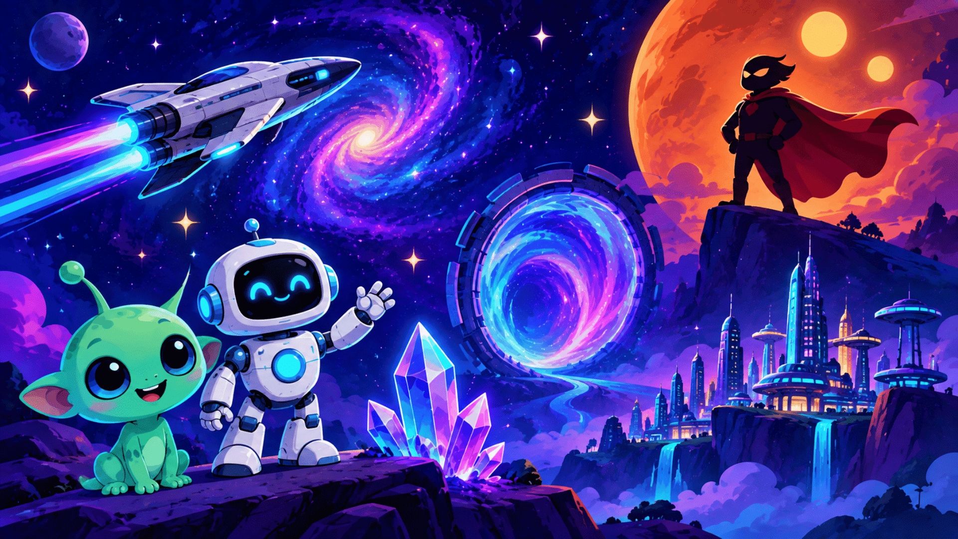 sci-fi scene with alien, robot, spaceship, portal, cape hero silhouette and futuristic city
