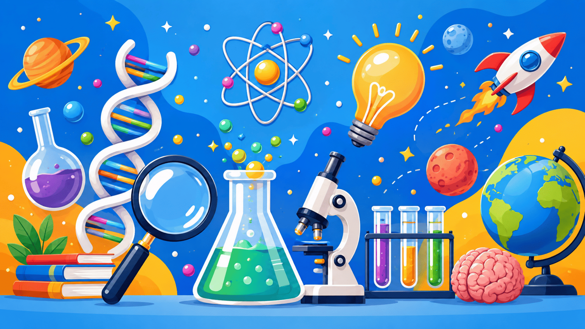 science icons collage: dna helix, atom, microscope, beaker, lightbulb, brain and planets