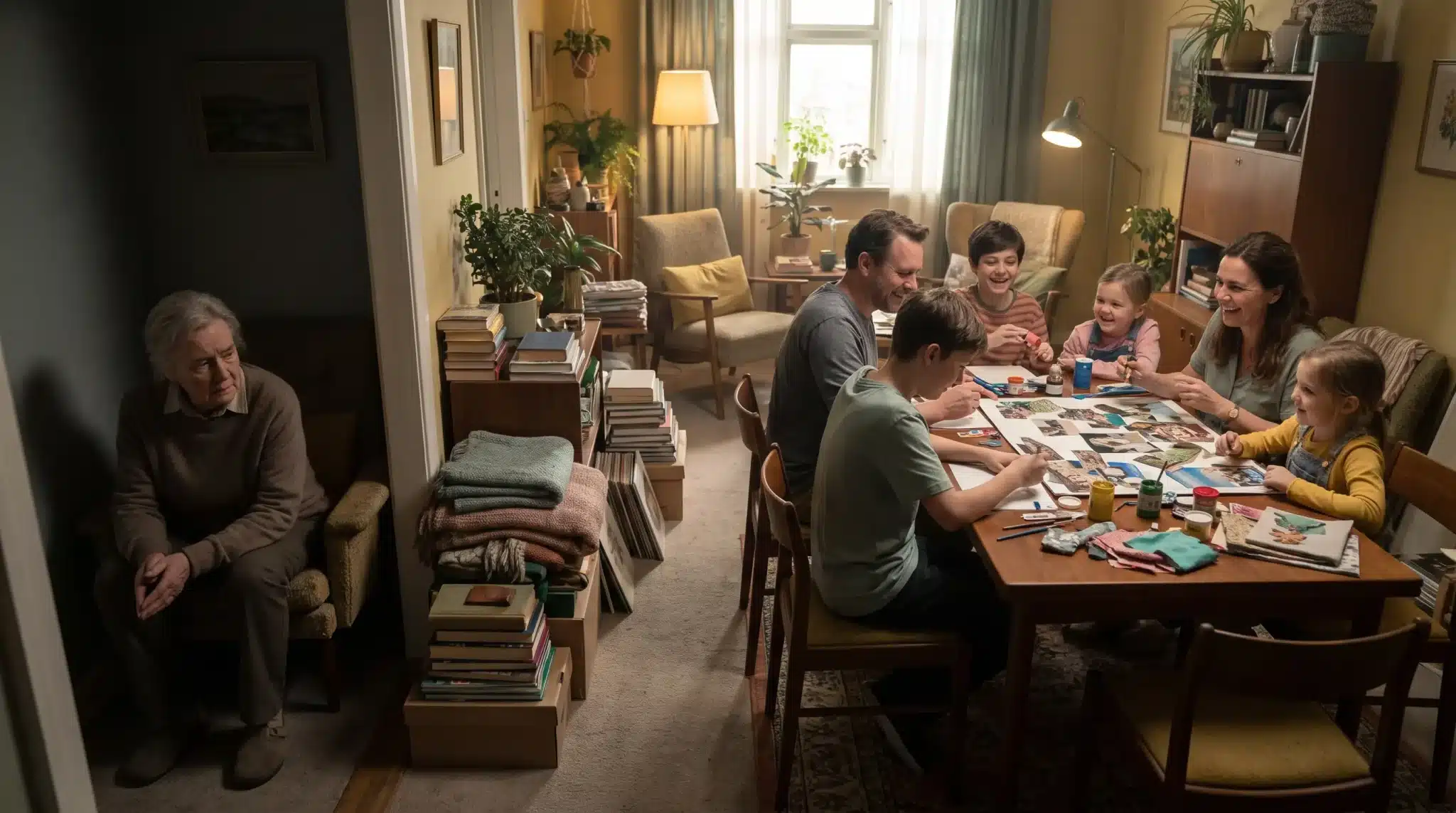 Family crafting at wooden dining table in cozy living room with elderly woman seated nearby