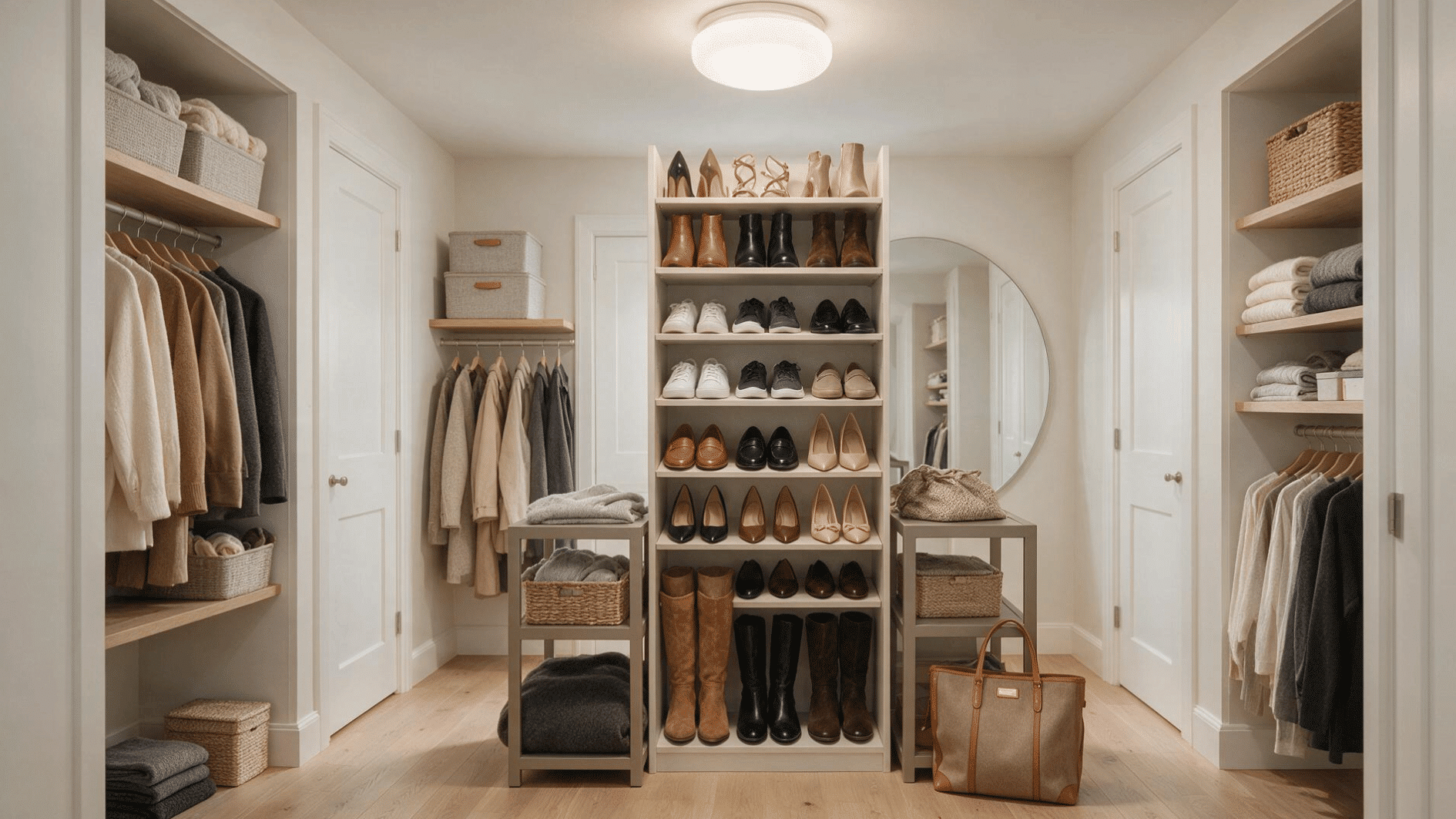 small walk-in closet with a shallow dressing ledge beside a full-length mirror