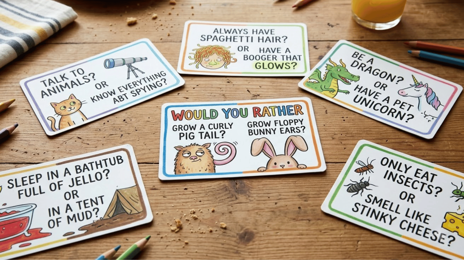 silly questions flashcards kept on the table suitable for all the age groups