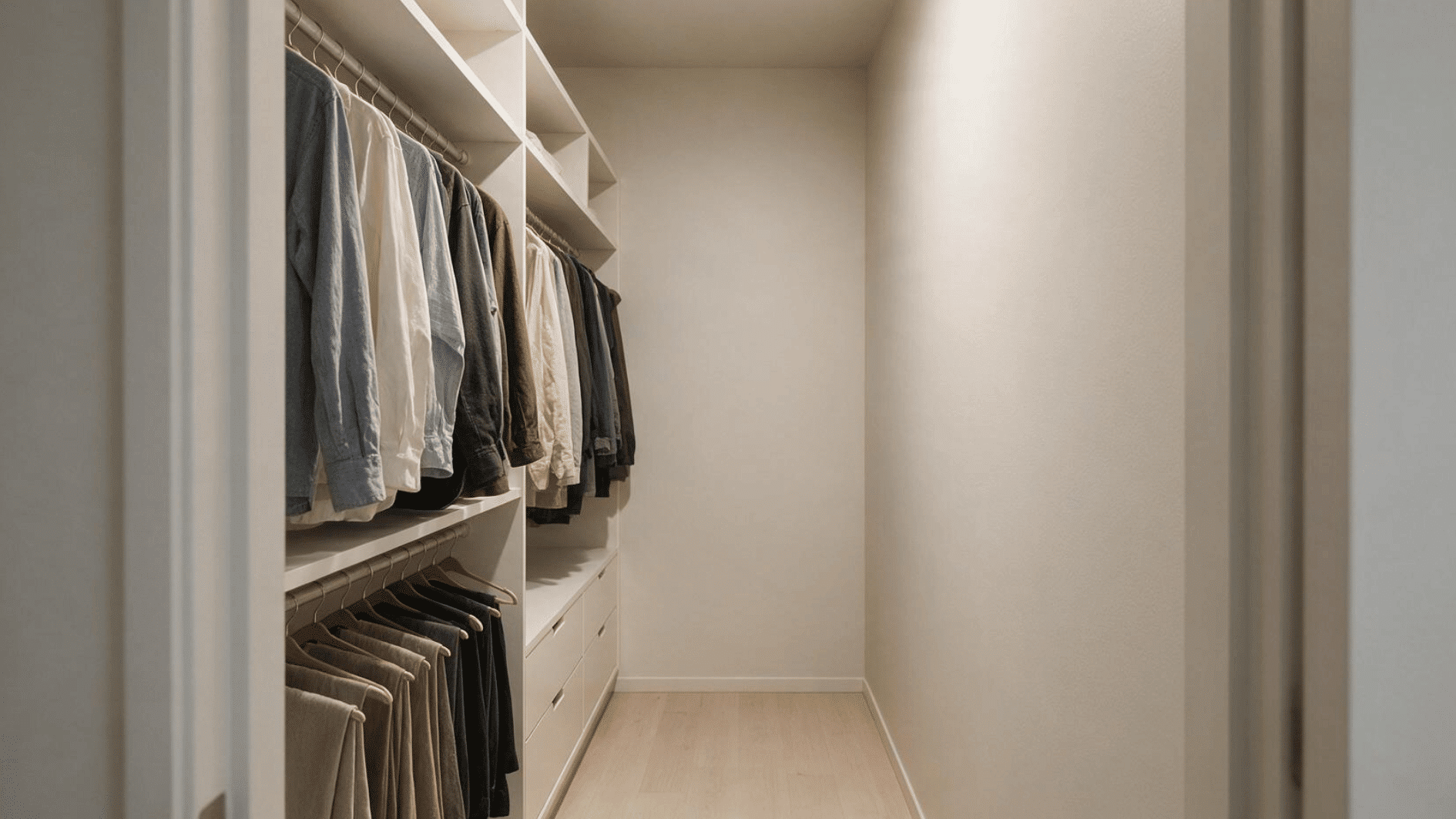 narrow small walk-in closet with storage along one wall and an open walkway