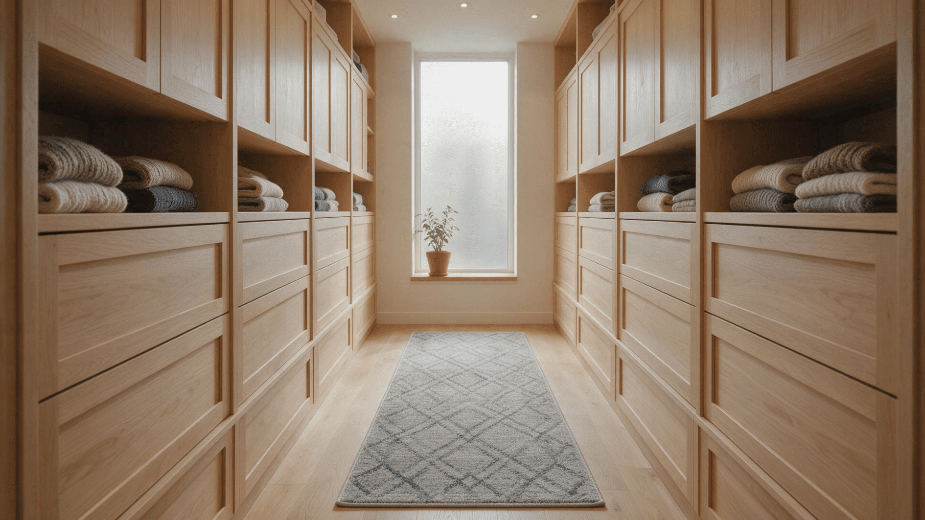 narrow small walk-in closet with a slim runner centered along the open walkway