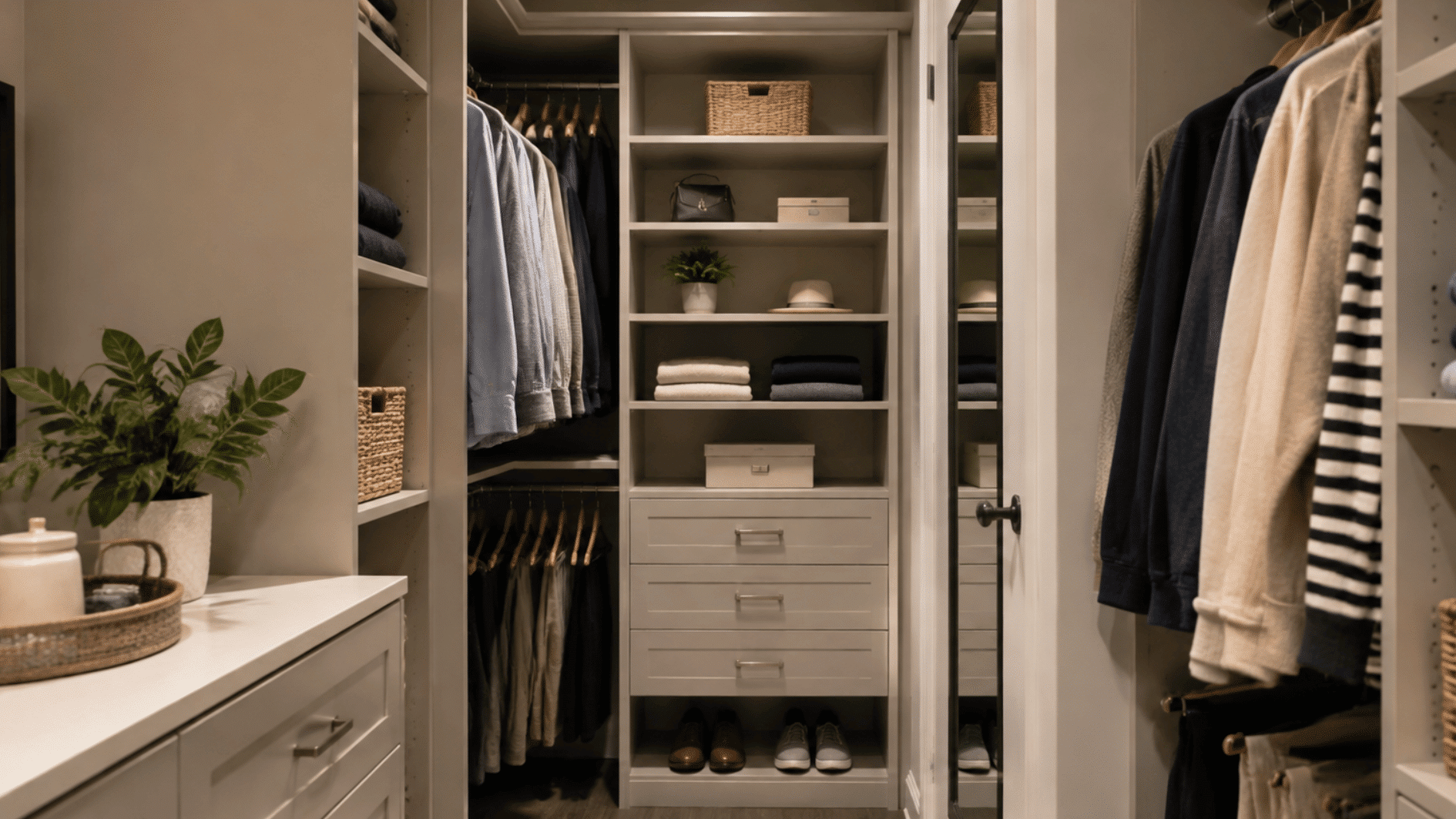 organized walk in closet with hanging clothes built in shelves drawers baskets shoes and a potted plant