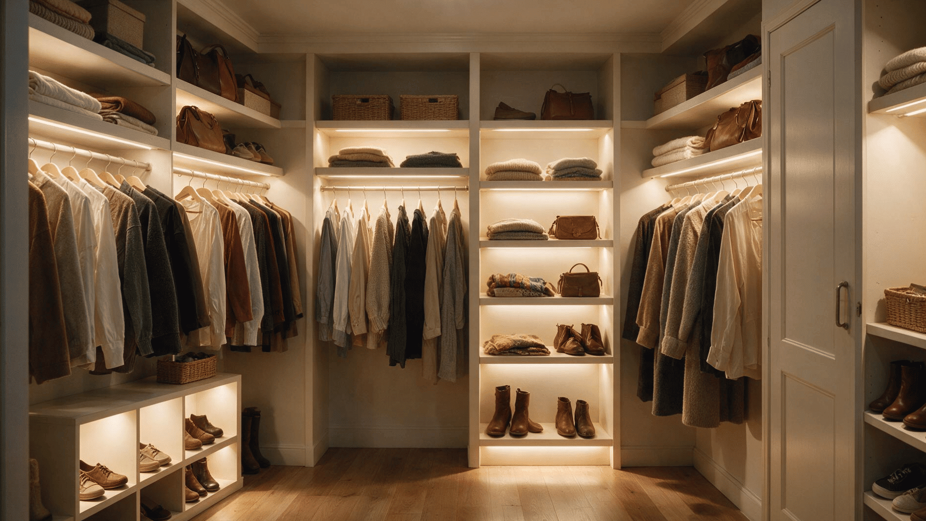 small walk-in closet with integrated lighting illuminating shelves and hanging clothes